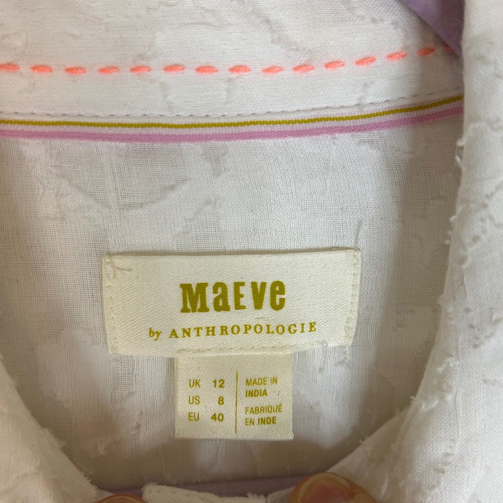 Maeve Anthropologie Womens Button Down Shirt Size 8 White Floral Long Sleeve - Picture 6 of 14